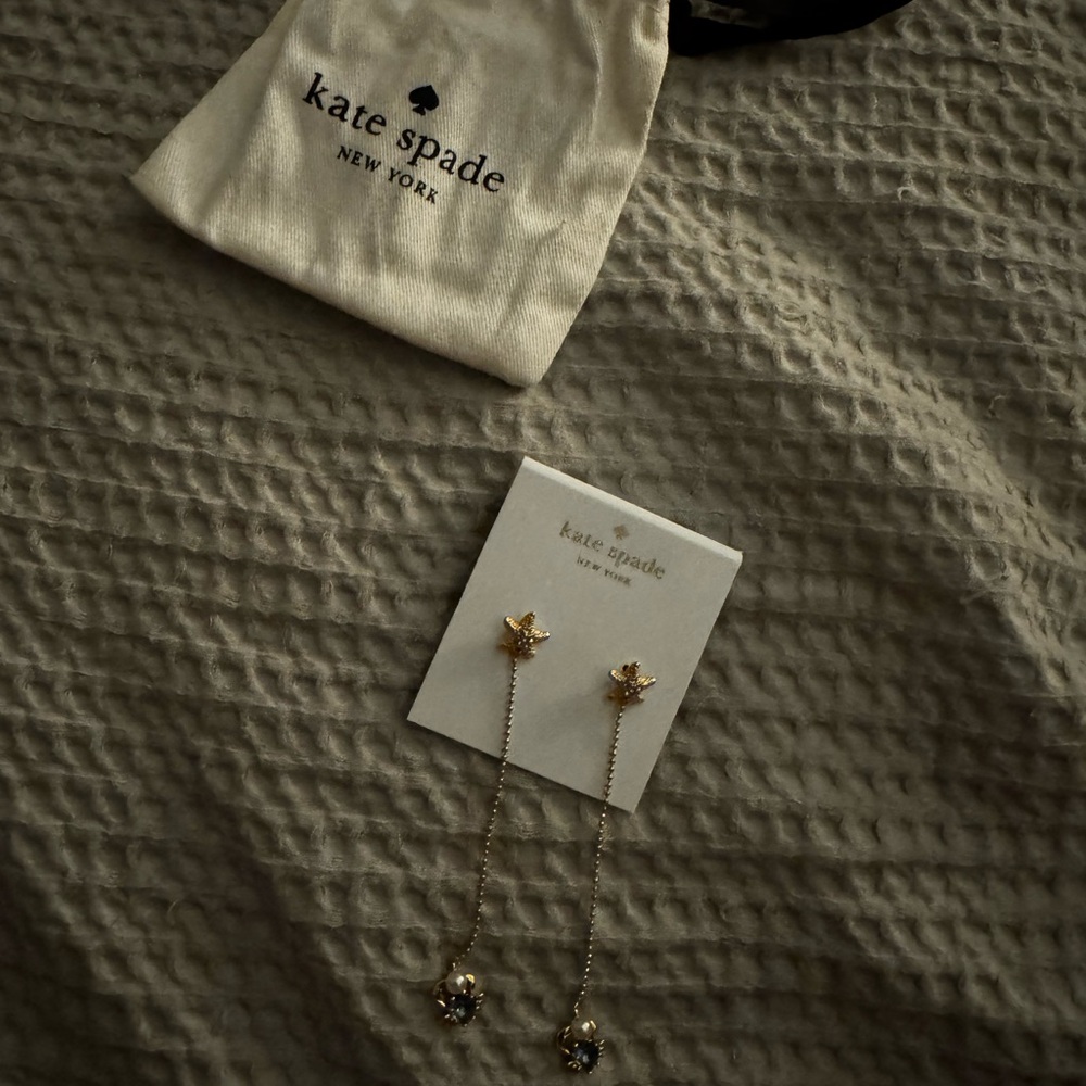 Kate Spade Gold Crab Earrings with pearl and light blue stone - Picture 2 of 4